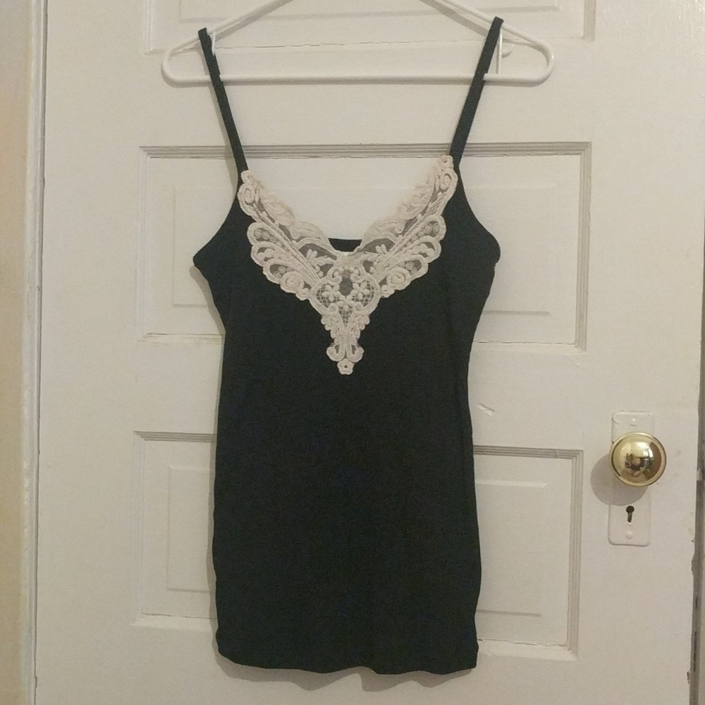 Bongo black tank top with white lace embellishment
